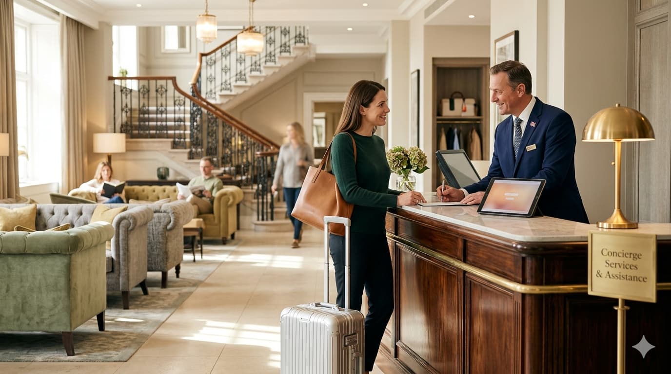 Guest with luggage at a hotel lobby reception desk