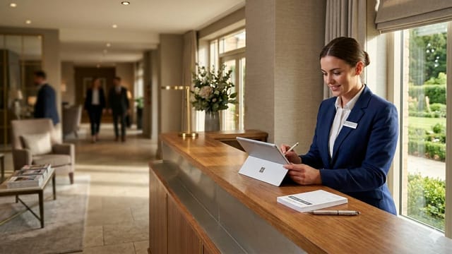 Hotel receptionist using a tablet at a modern UK hotel front desk