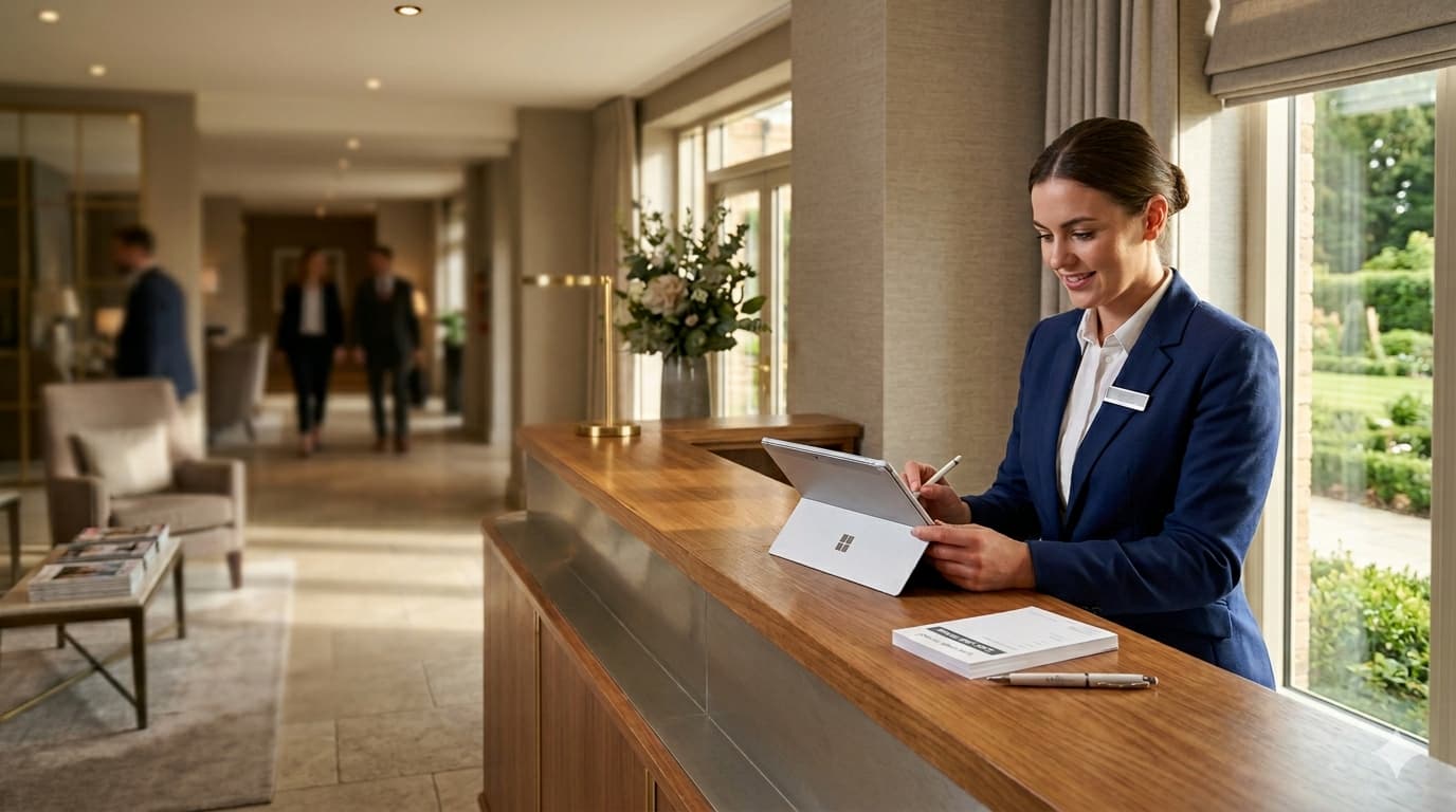 Hotel receptionist using a tablet at a modern UK hotel front desk