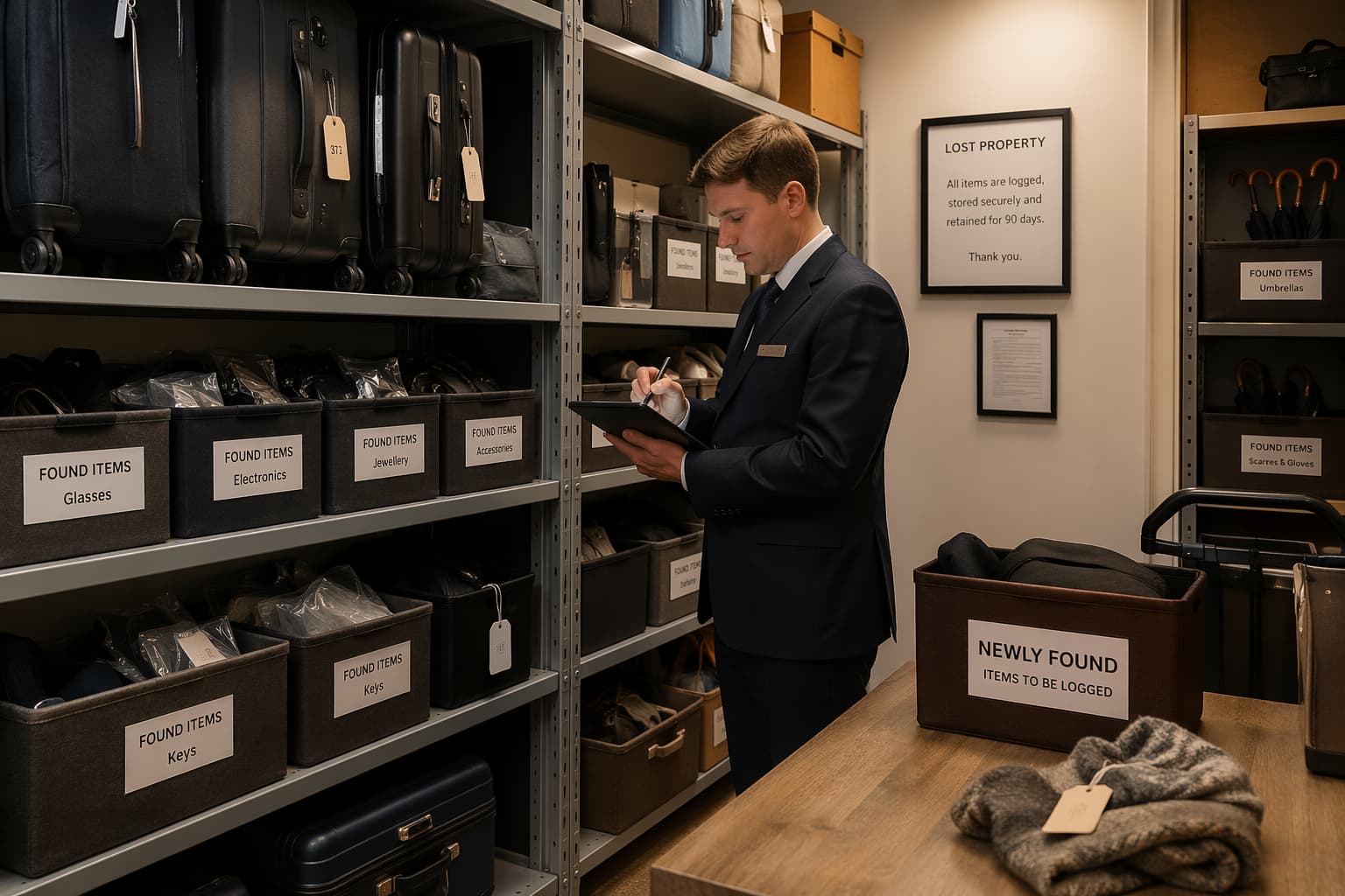 Organised hotel lost and found storage shelves with labelled items