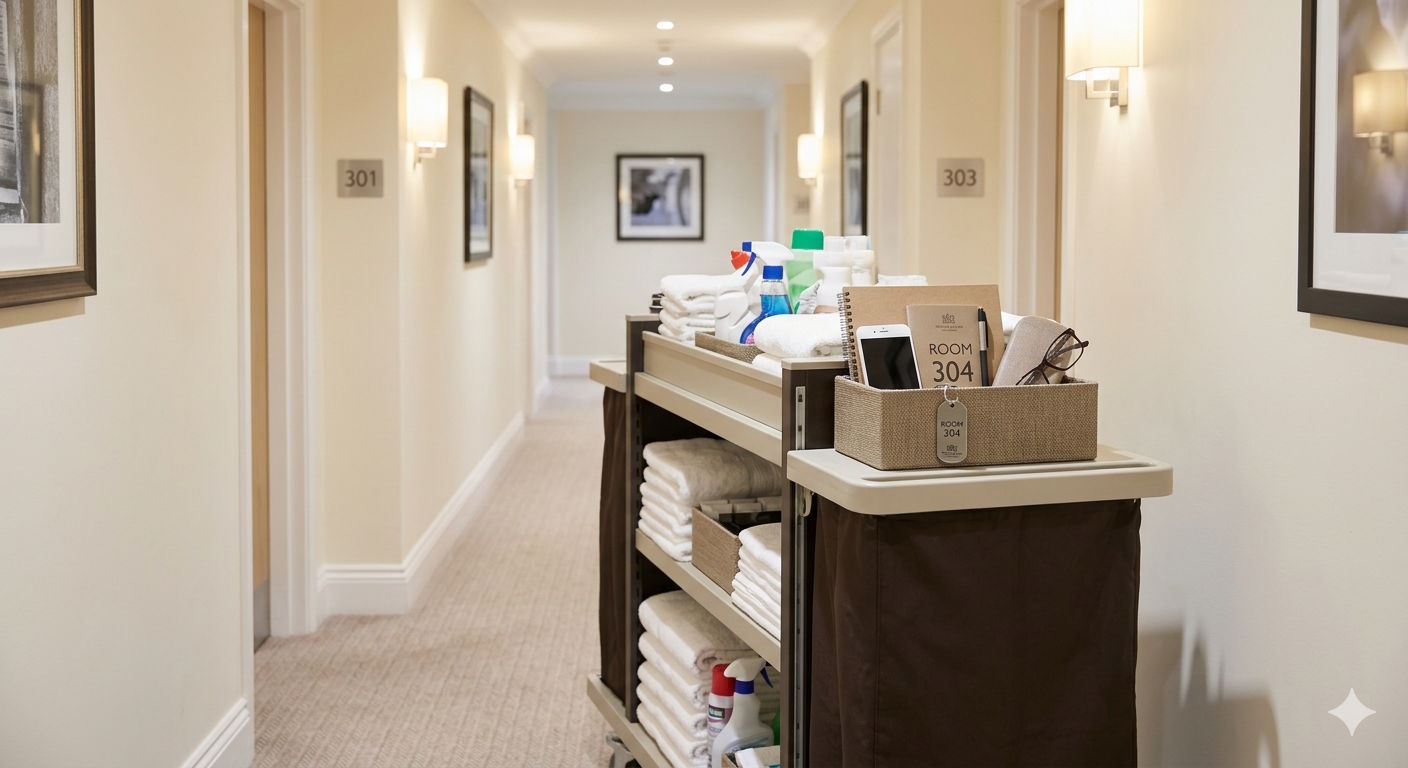 Hotel reception desk with organised lost property storage and a digital tablet showing the LostFoundHub dashboard
