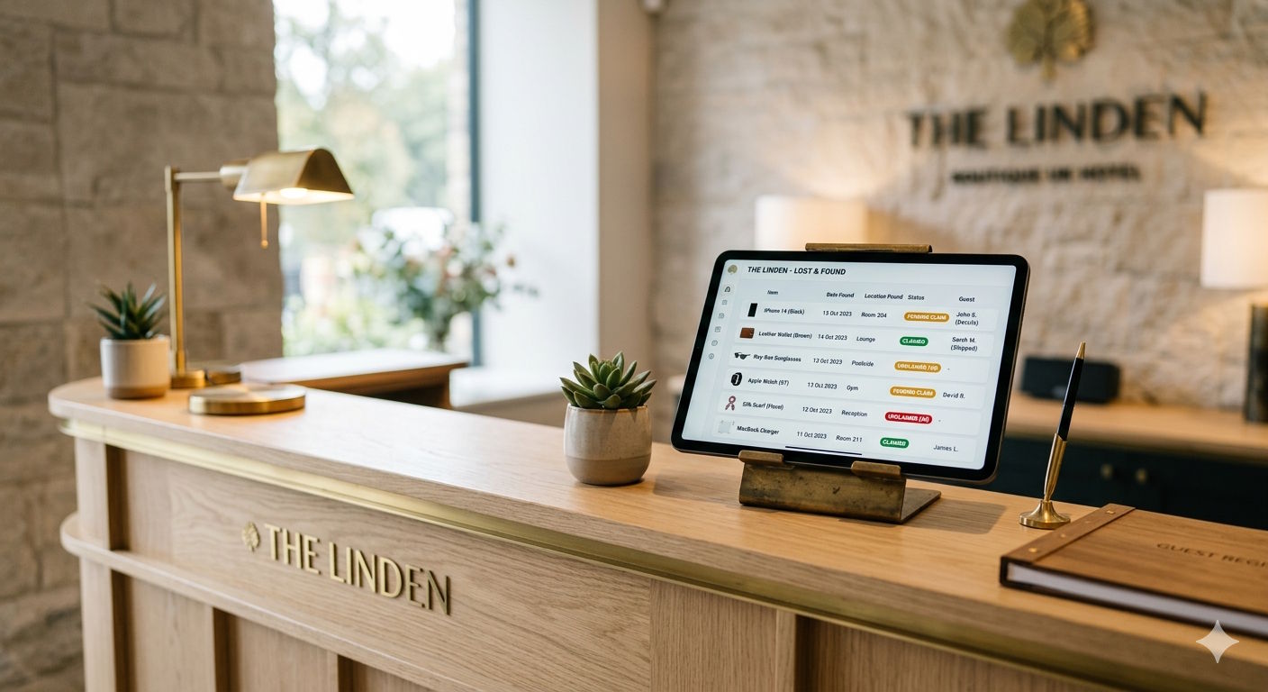 Modern hotel reception desk with a digital lost and found management dashboard on screen
