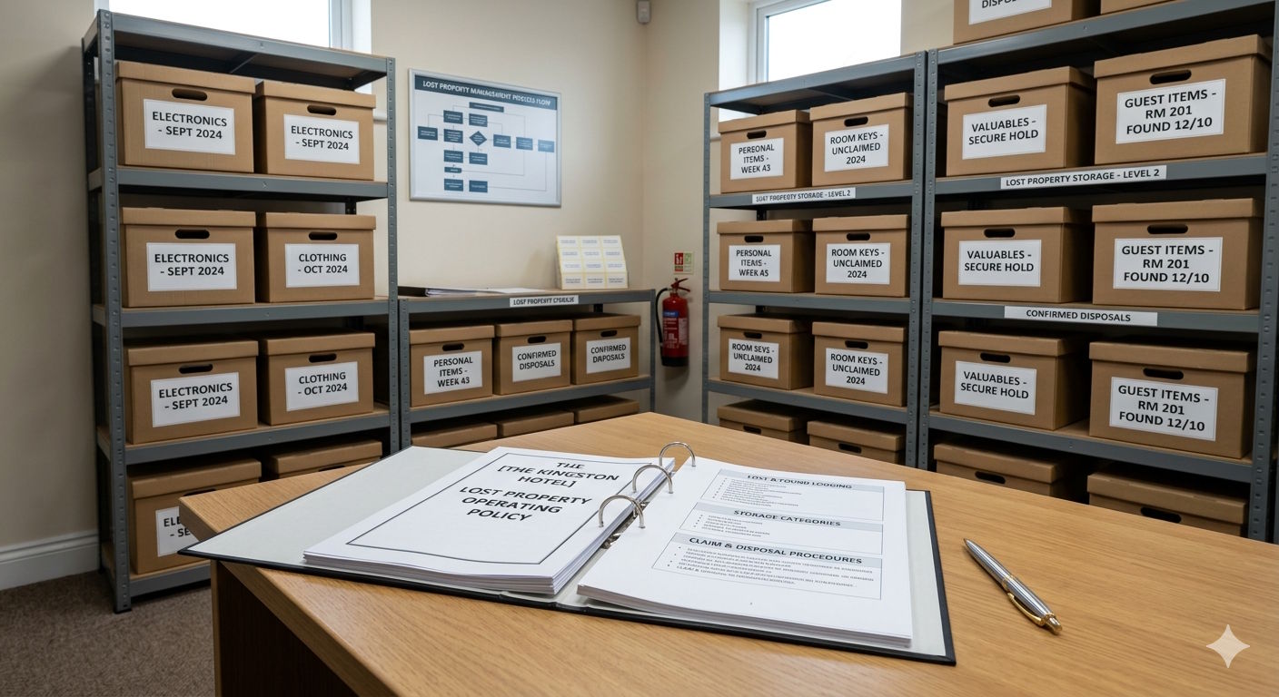 Hotel staff member reviewing a lost and found policy document at a clean, organised storage area